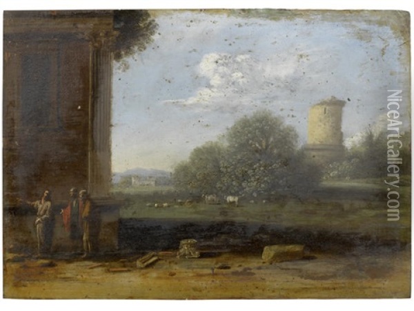 An Italianate Landscape With Figures Conversing In The Foreground Oil Painting - Goffredo Wals