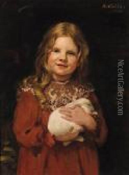 Portrait Of A Girl, Standing 
Half-length, Wearing A Brown Dress Andholding A Rabbit In Her Arms Oil Painting - William Walls