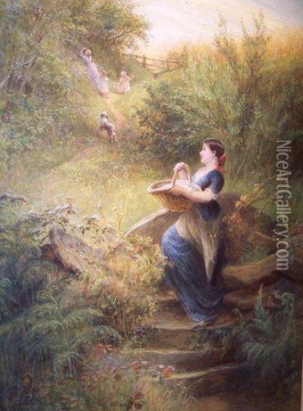 Waiting 
 Children On A Country Path Oil Painting - Charles James Lewis