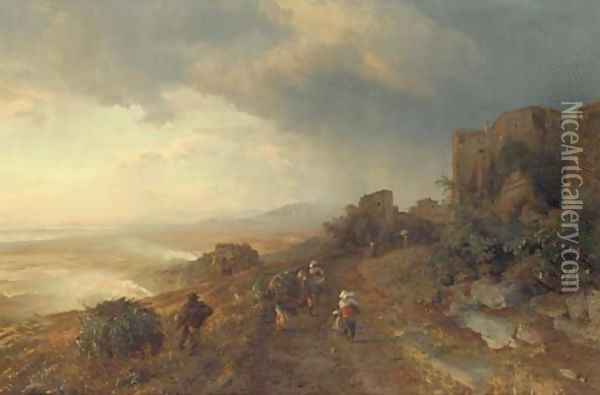 Figures on a Track in an Italian Coastal Landscape Oil Painting - Oswald Achenbach