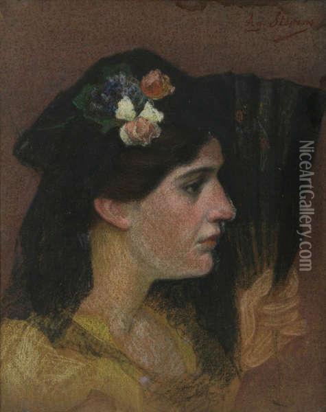 Portret Van Een Spaanse Schone Met Waaier Oil Painting - Agapit Stevens