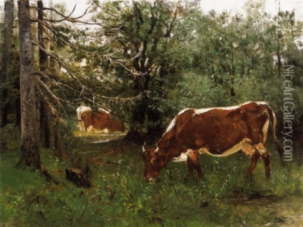 Tehenek Az Erdoben (cows In The Forest) Oil Painting - Julius von Blaas