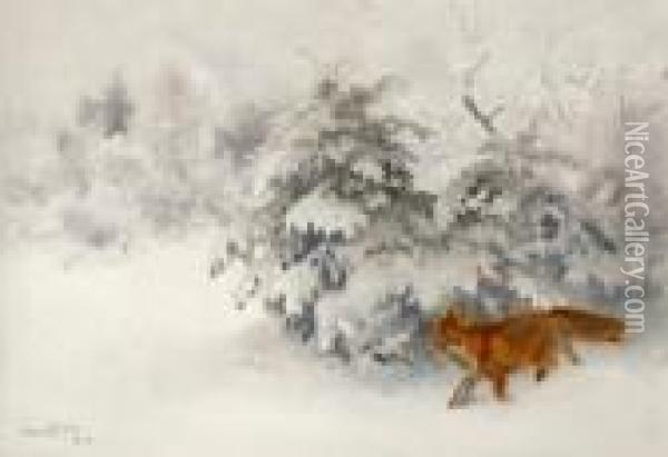 Foxin A Winter Landscape Oil Painting - Bruno Andreas Liljefors