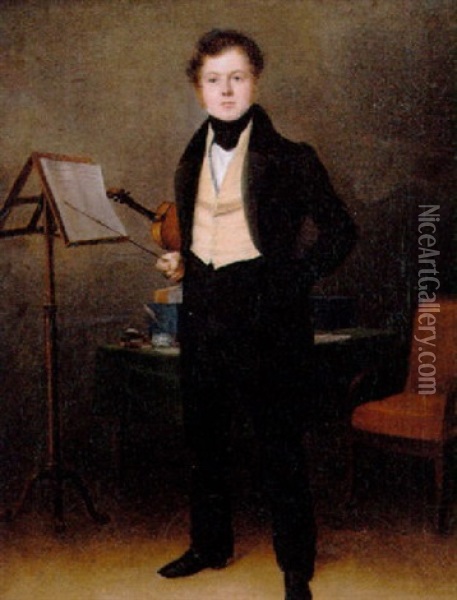 Den Unge Violinist Ved Sit Nodestativ Oil Painting - Victor Joseph Chavet