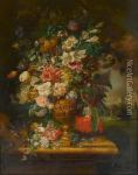 Still Life Of Mixed Flowers In An Urn, A Country House Beyond Oil Painting - John Wainwright