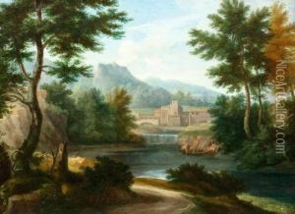 Klassische Landschaft Mit Fischern Auf Einem See Und Gehoft Im Hintergrund Oil Painting - Francisque I Millet