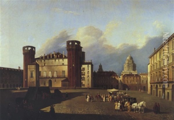 Grosse Stadtansicht Mit Einem An Das Castello Estense In Ferrara Erinnernden Gebaude Oil Painting - Antonio De Pian