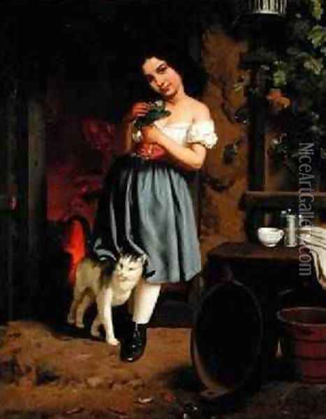 A Young Girl with a Cat 1866 Oil Painting - Karl Nahl