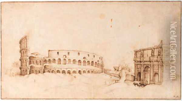 A view of the Colosseum with a triumphal arch Oil Painting - Willem van, the Younger Nieulandt