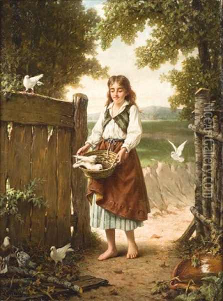 Jeune Fille Aupres Des Pigeons D'ornements Oil Painting - Jan Portielje