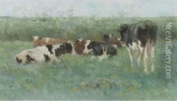 Cows In A Meadow Oil Painting - Geo Poggenbeek