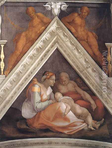 Ancestors of Christ - Zerubbabel with parents and a brother Oil Painting - Michelangelo Buonarroti