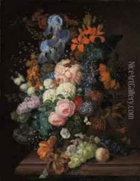 Roses, Peonies, Irises, Violets,
 And Other Blossoms In A Terracottaurn, And Grapes, Blackcurrants And A 
Peach On A Table Oil Painting - Franz Xaver Petter