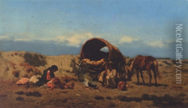 Travellers With Their Wagon In A Landscape Oil Painting - August Xaver Carl von Pettenkofen