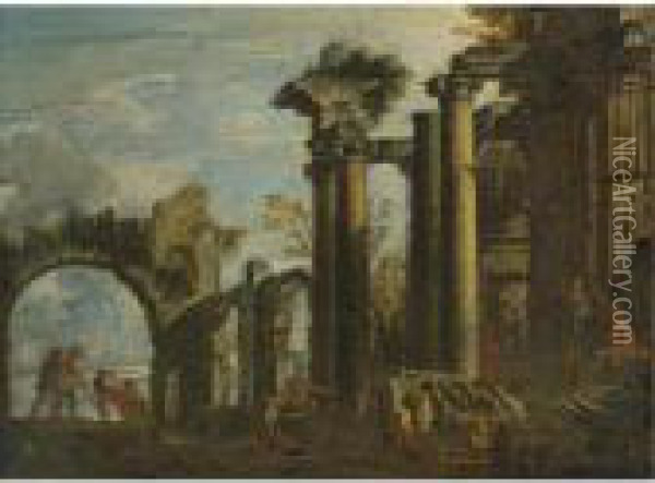 Architectural Capriccio With Fishermen And Figures Resting Among Ruins Oil Painting - Giovanni Ghisolfi