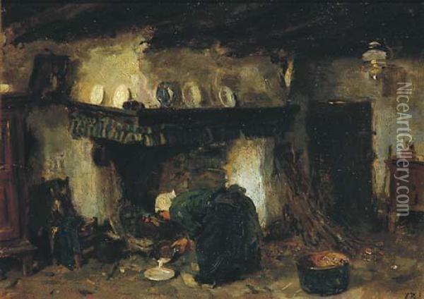 By The Kitchen Fire Oil Painting - Jacques Abraham Zon
