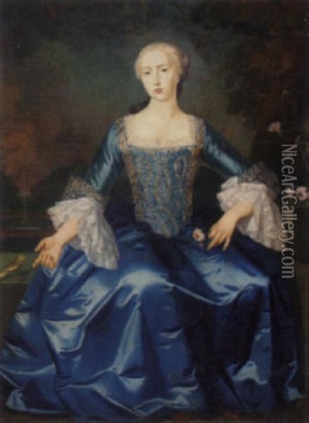 Portrait Of A Lady In A Blue Dress With Silver Embroidery, Holding A Rose, Pointing To A Bird, In A Formal Garden Oil Painting - Enoch Seeman
