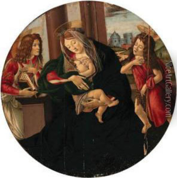 The Madonna And Child Enthroned With An Angel And The Infant Saintjohn The Baptist Oil Painting - Sandro Botticelli