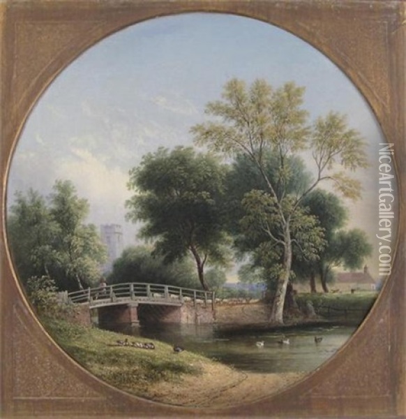 A Shepherd And Flock On A Bridge In A Village (+ Havesters On A Bridge Over A Stream; Pair) Oil Painting - Samuel David Colkett