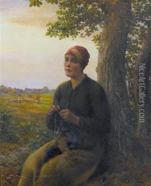 Strickende Bauerin Im Abendrot Oil Painting - Aime Perret