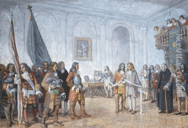 Frontenac Receiving Sir William Phips' Envoy Oil Painting - William Brymner
