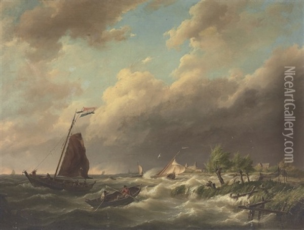 Stormy Coastal Scene With Town Beyond Oil Painting - Hermanus Koekkoek the Elder