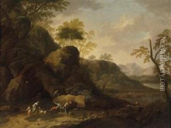 A Mountainous Landscape With Resting Travellers Oil Painting - Maximilian Joseph Schinnagl