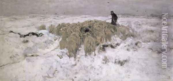 Flock of Sheep in the Snow Oil Painting - Anton Mauve