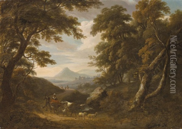 A Wooded Landscape With A Herder And His Flock On A Path, Ruins Beyond Oil Painting - William Ashford