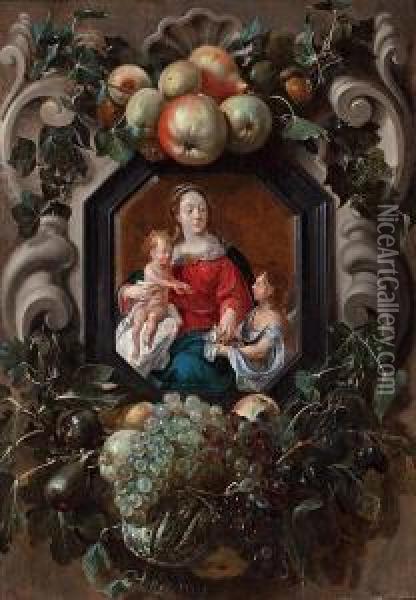 Virgen Con El Nino En Un Medallon Oil Painting - Adriaen van Utrecht