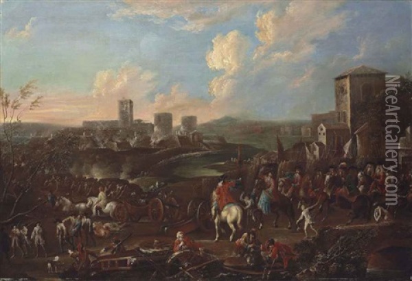 A Regiment Preparing The Siege Of A Fortified Town In The Distance Oil Painting - Ilario Spolverini