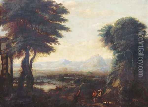 An extensive river landscape with travellers and their flock on a path 2 Oil Painting - Gillis Neyts
