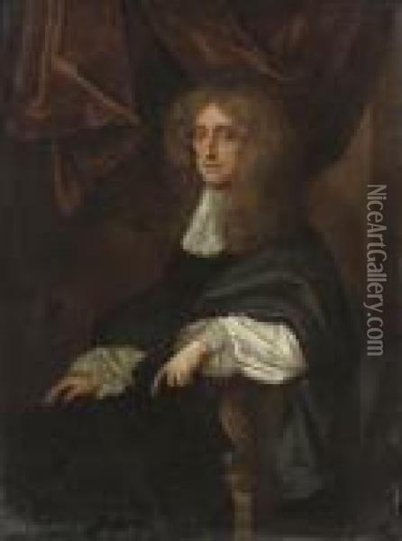Portrait Of A Gentleman, Three-quarter-length, Seated In A Blackrobe And Lace Cravat Oil Painting - Sir Peter Lely