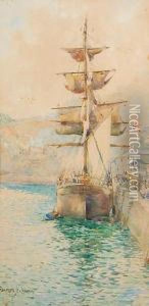 Tall Ship In A Harbour Oil Painting - Frances E. Nesbitt
