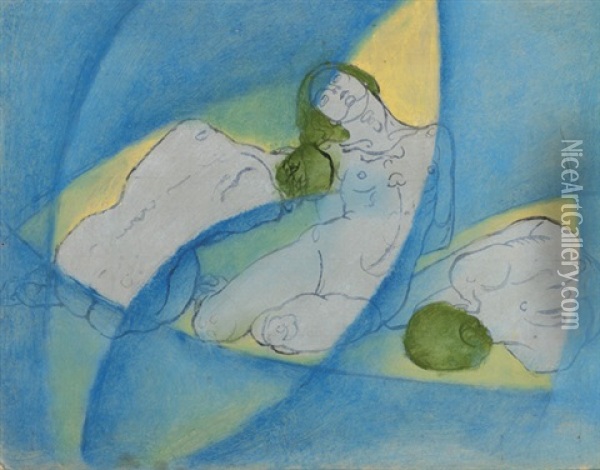 Drei Kauernde Frauen (draft) Oil Painting - Koloman (Kolo) Moser