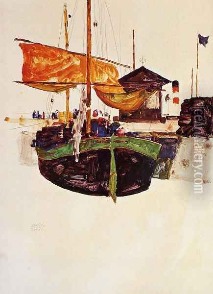 Ships at Trieste Oil Painting - Egon Schiele