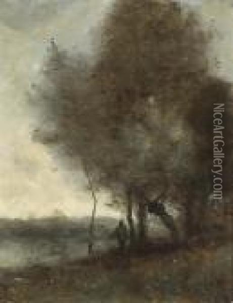 A River Landscape With A Figure Under A Tree Oil Painting - Jean-Baptiste-Camille Corot