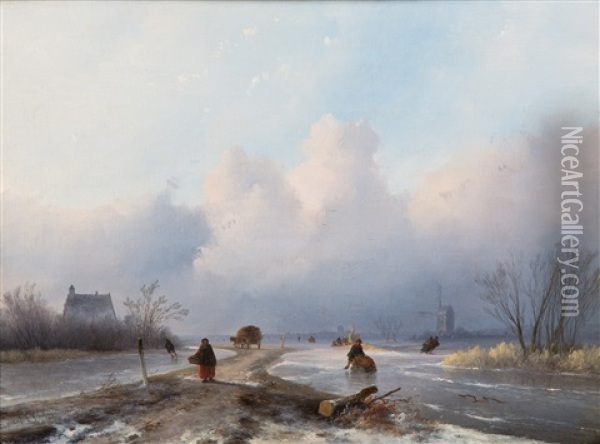 A Winter Landscape With Skaters On Ice And A Koek-en-zopie In The Distance Oil Painting - Johannes Franciscus Hoppenbrouwers