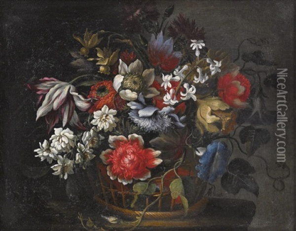 Still Life With Flowers In A Basket Oil Painting - Andrea Scacciati