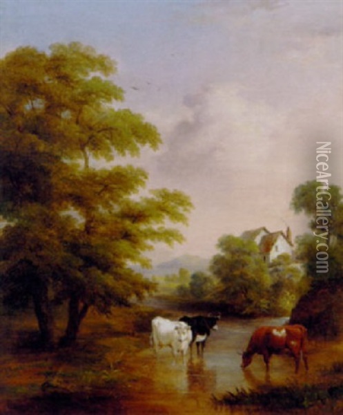 Cattle Watering Before A Cottage In A Wooded Landscape Oil Painting - Isaac Henzell