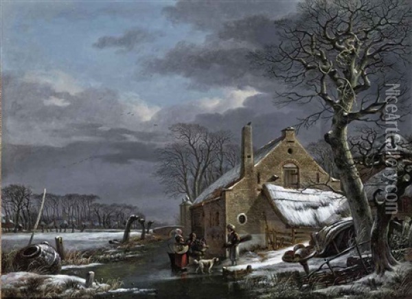 Figures Conversing On A Frozen Waterway Oil Painting - Arnoldus Van Well