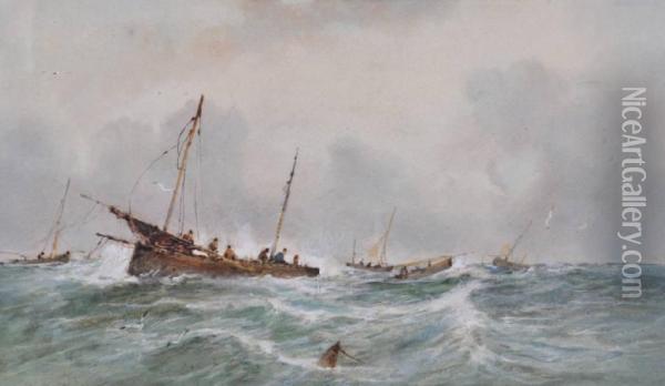 Fishing Vessels On Rough Seas Oil Painting - Henry Albert Hartland