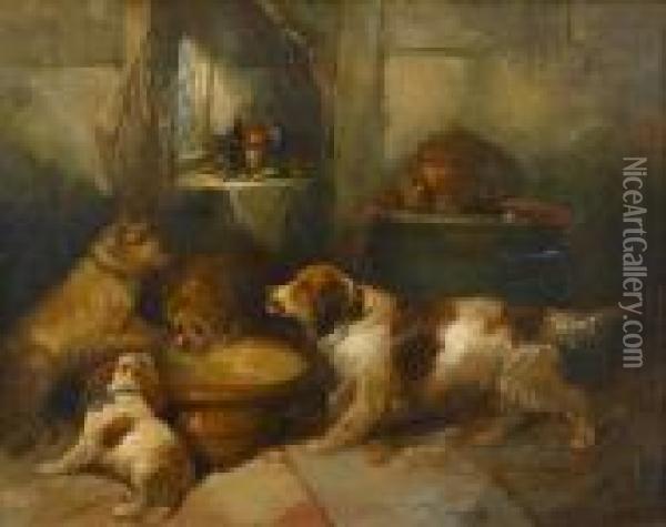 Dogs Gathered Around A Bowl Oil Painting - George Armfield