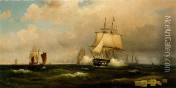 A Man-o-war Firing A Salute Off A Headland With Other Shipping In The Distance Oil Painting - Vilhelm Melbye