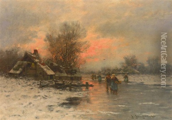 Abendliche Winterlandschaft Mit Zugefrorenem Flusslauf Oil Painting - Johann Jungblut