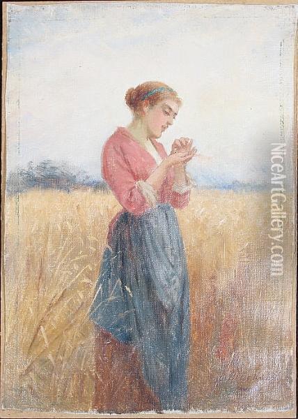Girl Blowing Chaff From A Handful Of Wheat Oil Painting - Peter Macnab