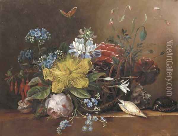 Flowers in a basket with shells on a ledge Oil Painting - Elisabeth Johanna Koning