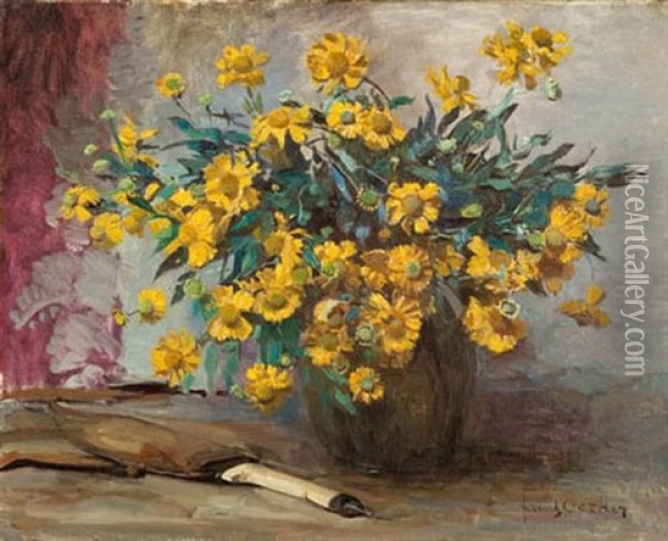 Still Life With Marigolds In A Vase And Garden Trowel Oil Painting - Frans David Oerder