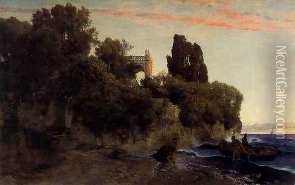 Castle by the sea (Murder in the park) Oil Painting - Arnold Bocklin
