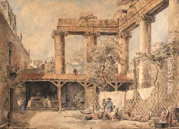 A courtyard at the Villa Pamphilj, Rome Oil Painting - Hubert Robert
